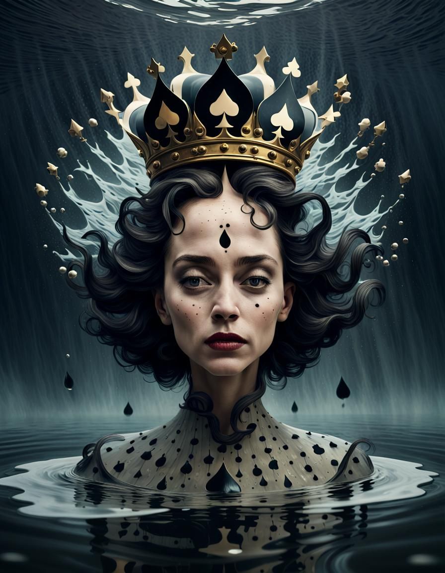 Surreal Queen of Spades with Crown and Watery Pattern