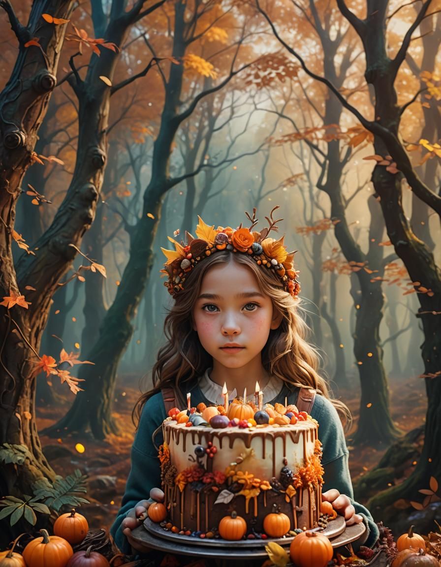 Whimsical Girl Otoño Surrounded by Autumnal Cake