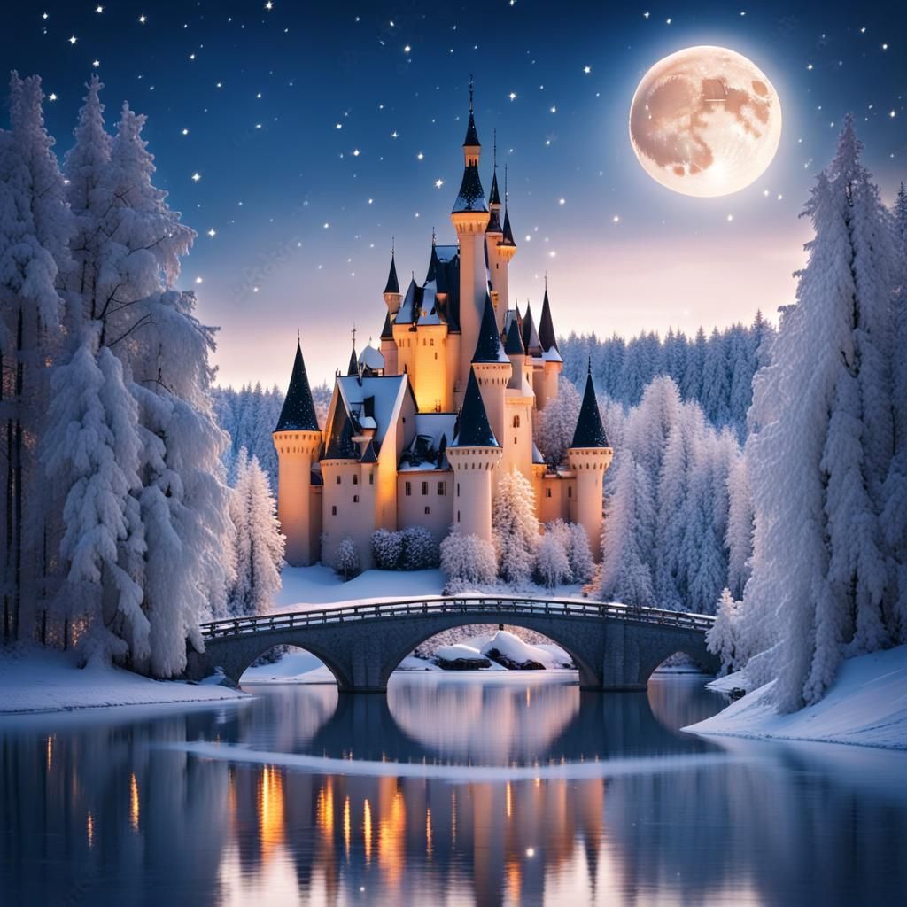 Fairytale Castle in Snowy Winter Landscape