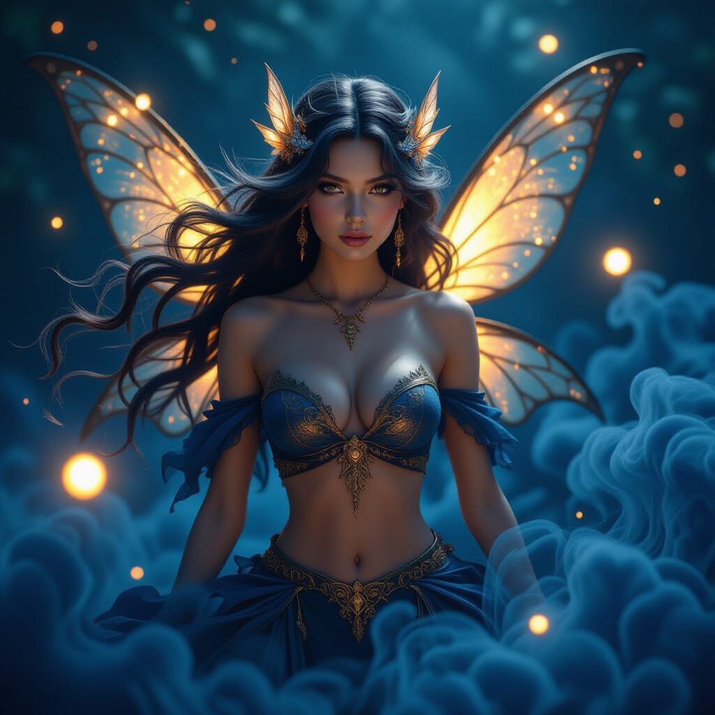 Intricate Fairy Amidst Smoke and Golden Orbs in Matte Painti...