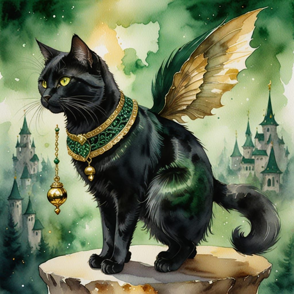 Emerald-Eyed Cat with Golden Bell, Watercolor Style