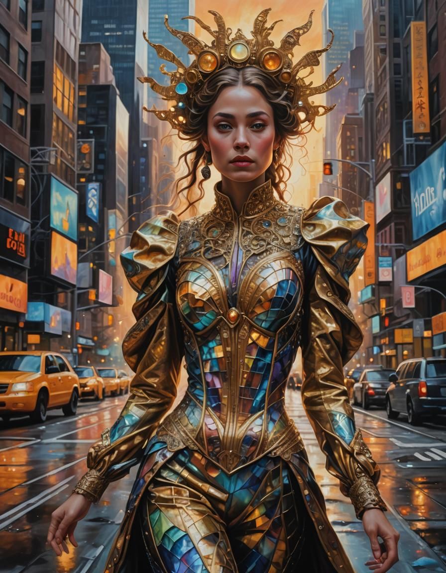 Woman in Iridescent Costume in Surreal New York