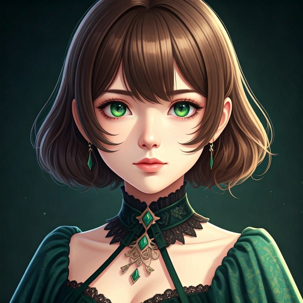 Gothic Anime Goddess in Luxurious Green Attire