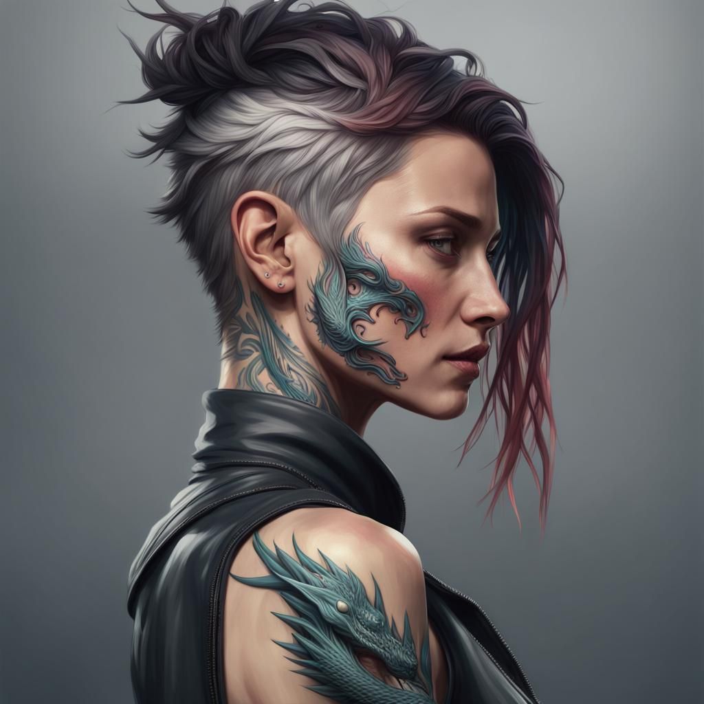 Dragon Tattoo Girl: Hyperdetailed Portrait in Triadic Colors