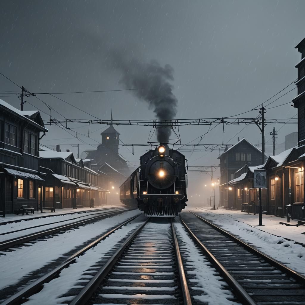 Gloomy, dark train station in the Arctic