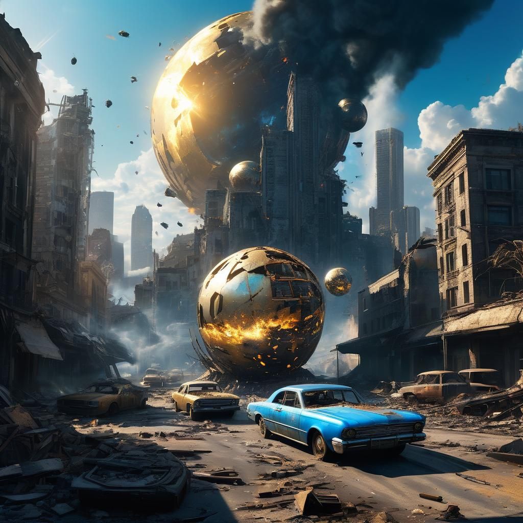 Destroyed City with Floating Sphere, Trending on Artstation