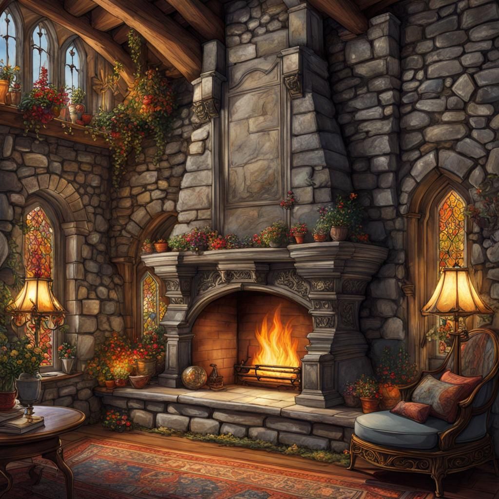 Fairytale Interior with Stone Fireplace in Anime Style