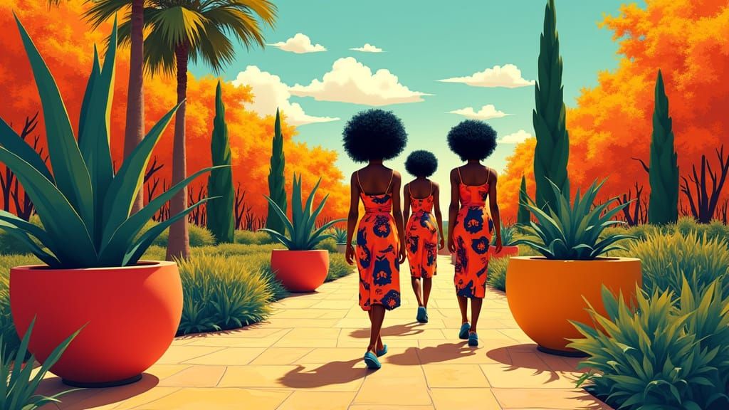 Stylish Women in Modernist Park, Constructivist Style