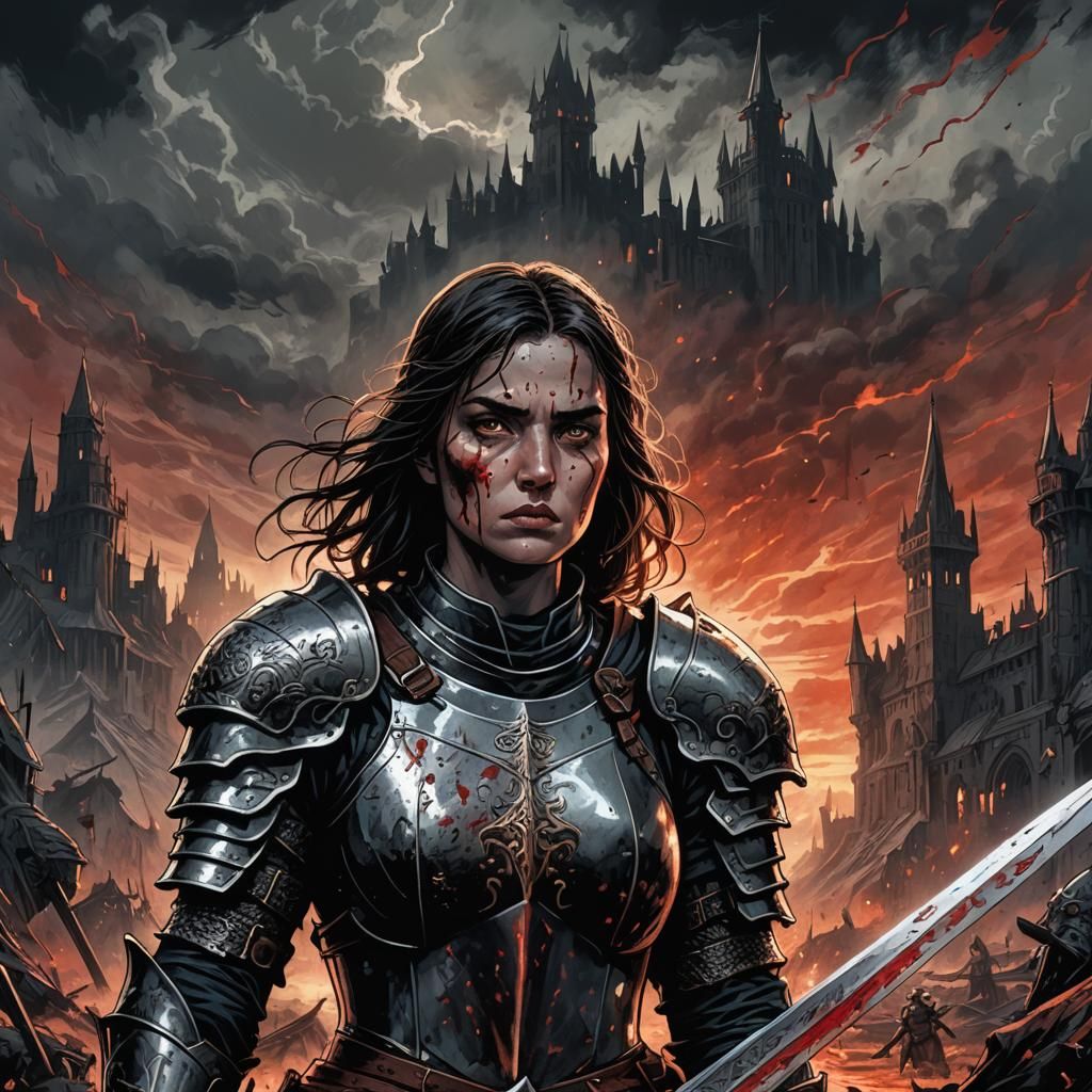 Female Knight in Apocalyptic Landscape: Dark Fantasy Art