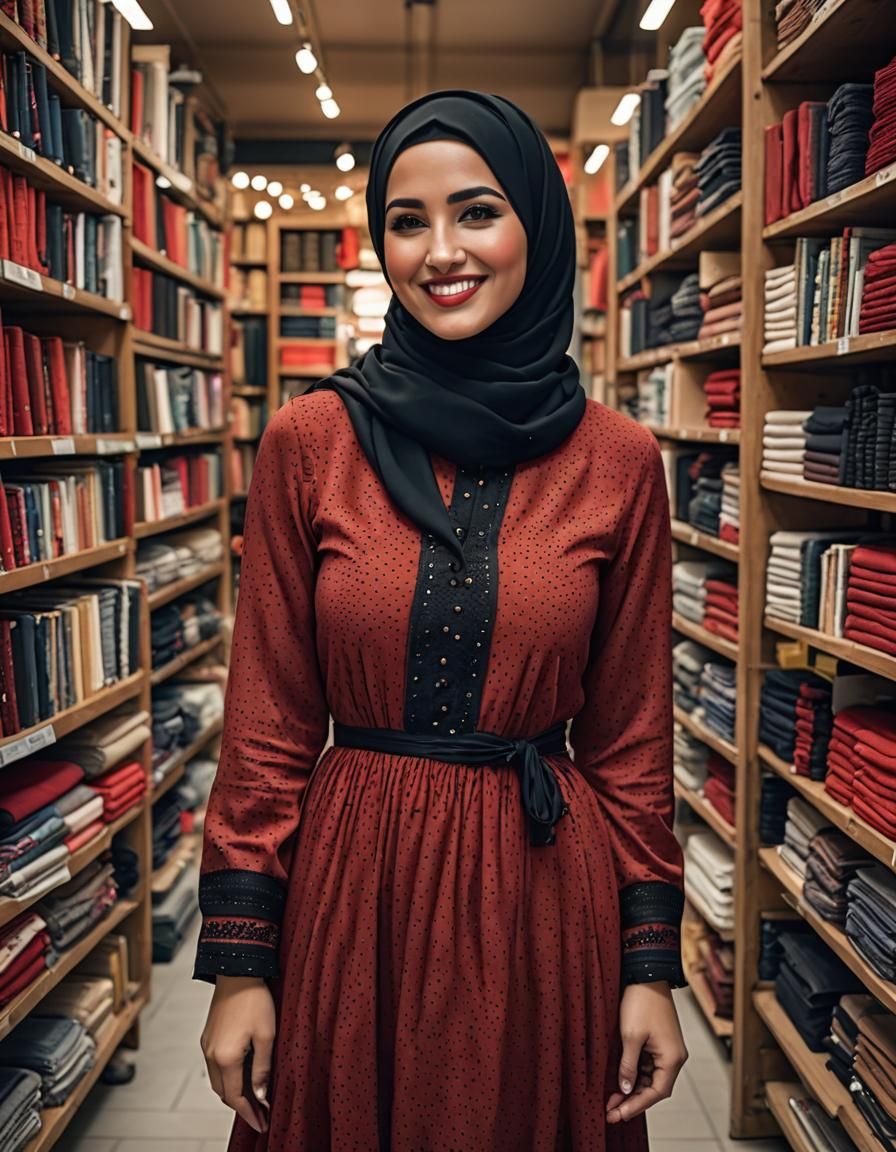 Middle Eastern Woman Portrait in Textile Store