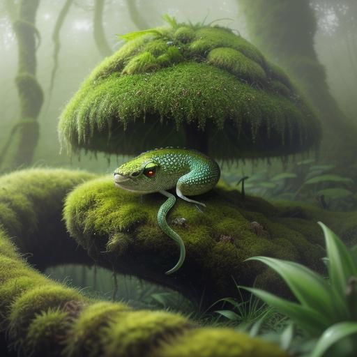 Adorable Moss Snake in Lush Forest, Surreal Oil Painting