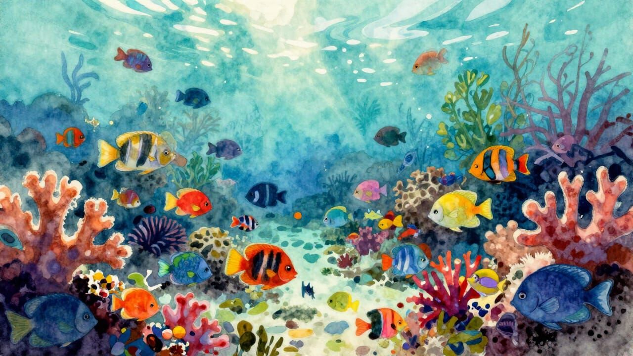 Vibrant Watercolor Coral Reef With Colorful Fish