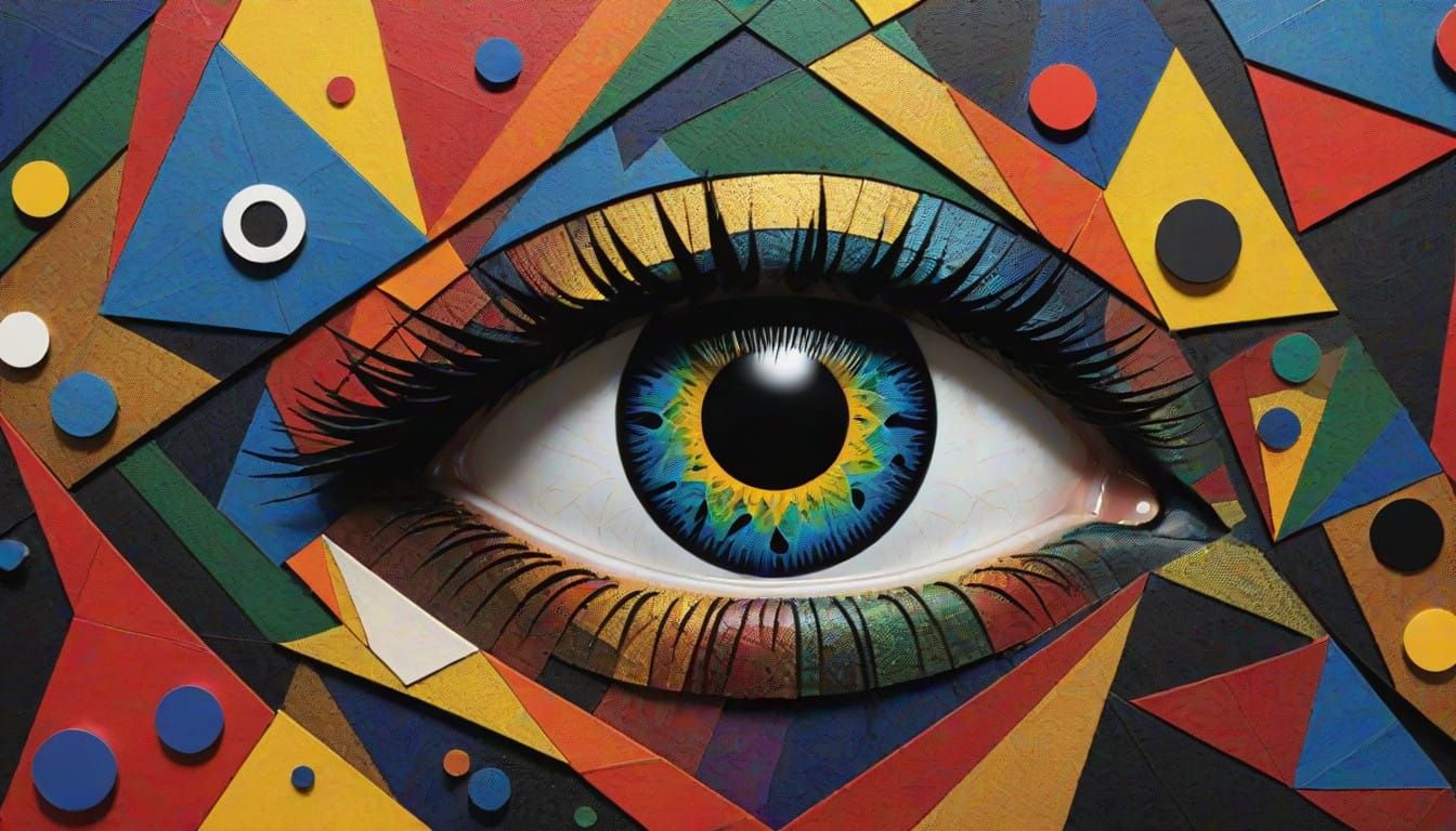 eyes darkly soft clothing origami fractal chromoshadow visible on a wall Is a timebomb ticking? impasto trompe l'oeil le...