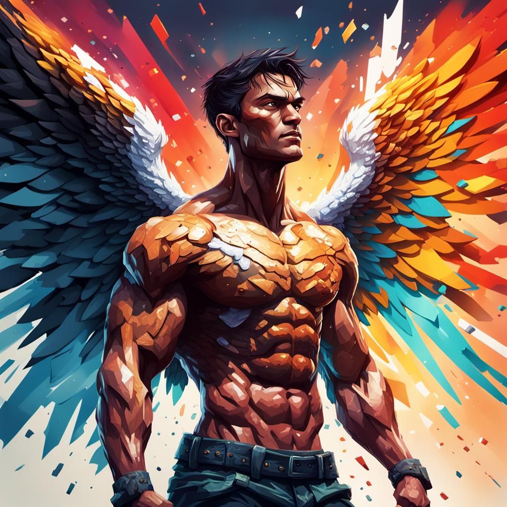 Pixelated Fallen Angel with Muscular Body