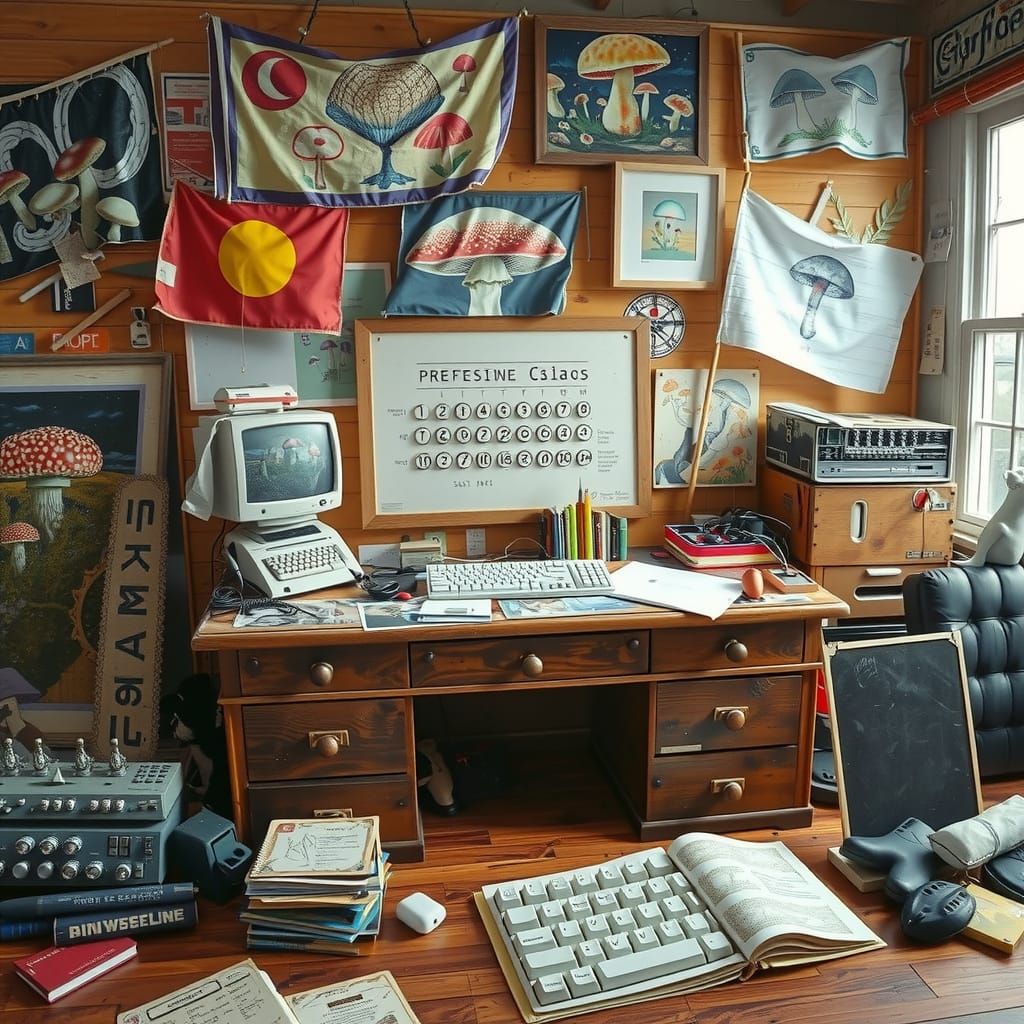 Surreal Landscape with Mushroom Flags in Daguerreotype Style