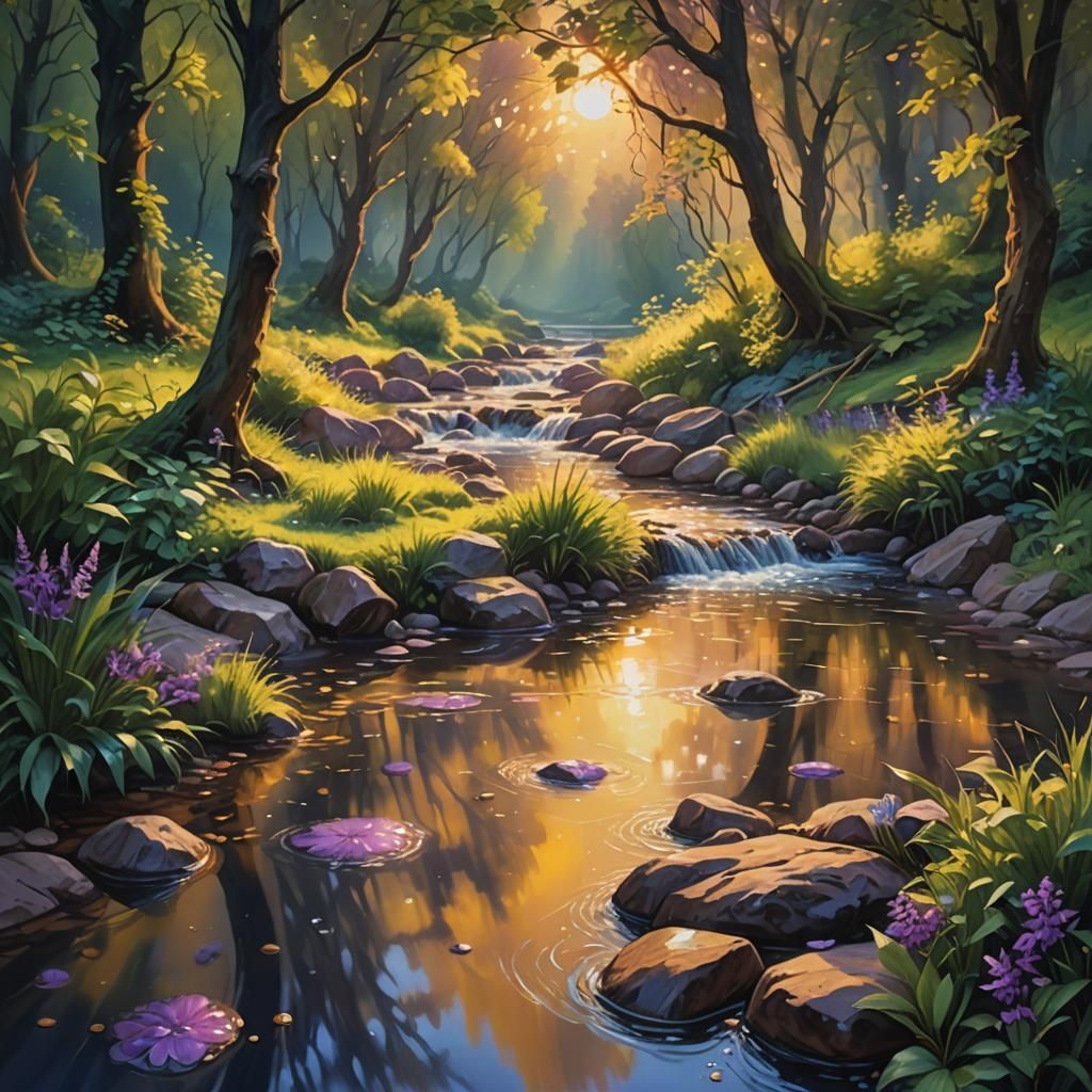 Serene Stream Landscape in Cinematic Oil Painting