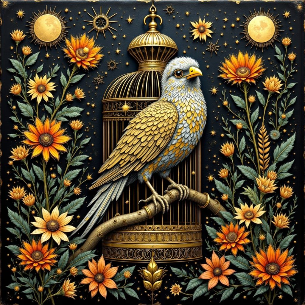 Bird in a Gilded Cage with Vibrant Colors