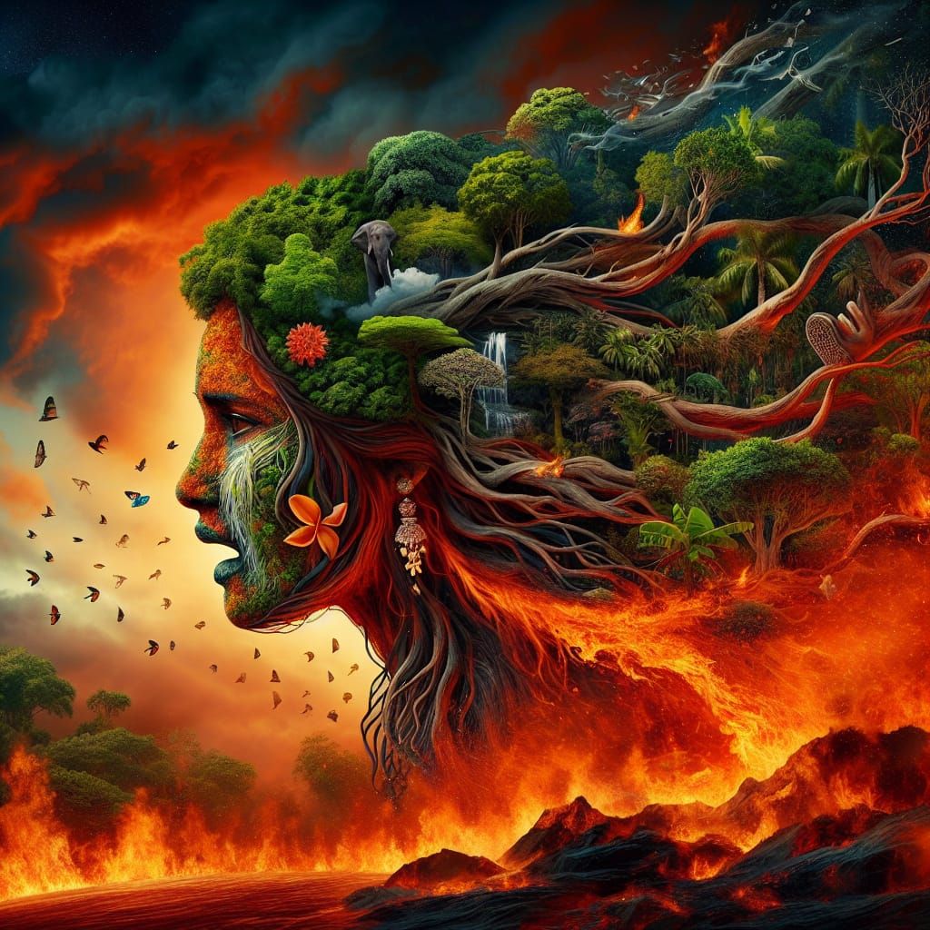 Mother Nature as South Asian Woman Consumed by Fire