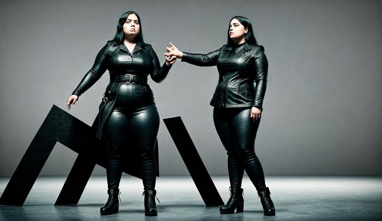 A womn in black.leather with two guitars crossed on her back. Above her head is the symbol for anarchy