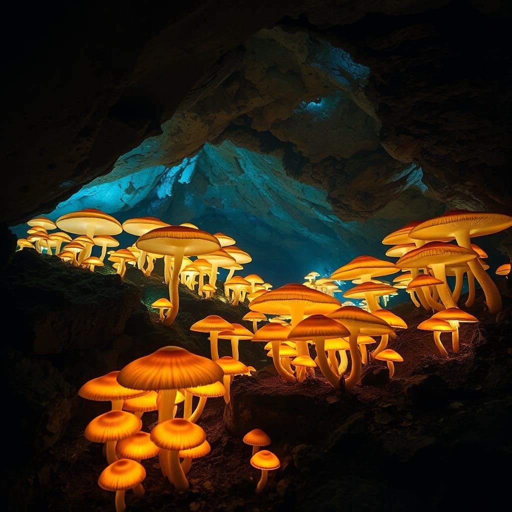 Enchanted Bioluminescent Mushroom Forests in Hidden Caves