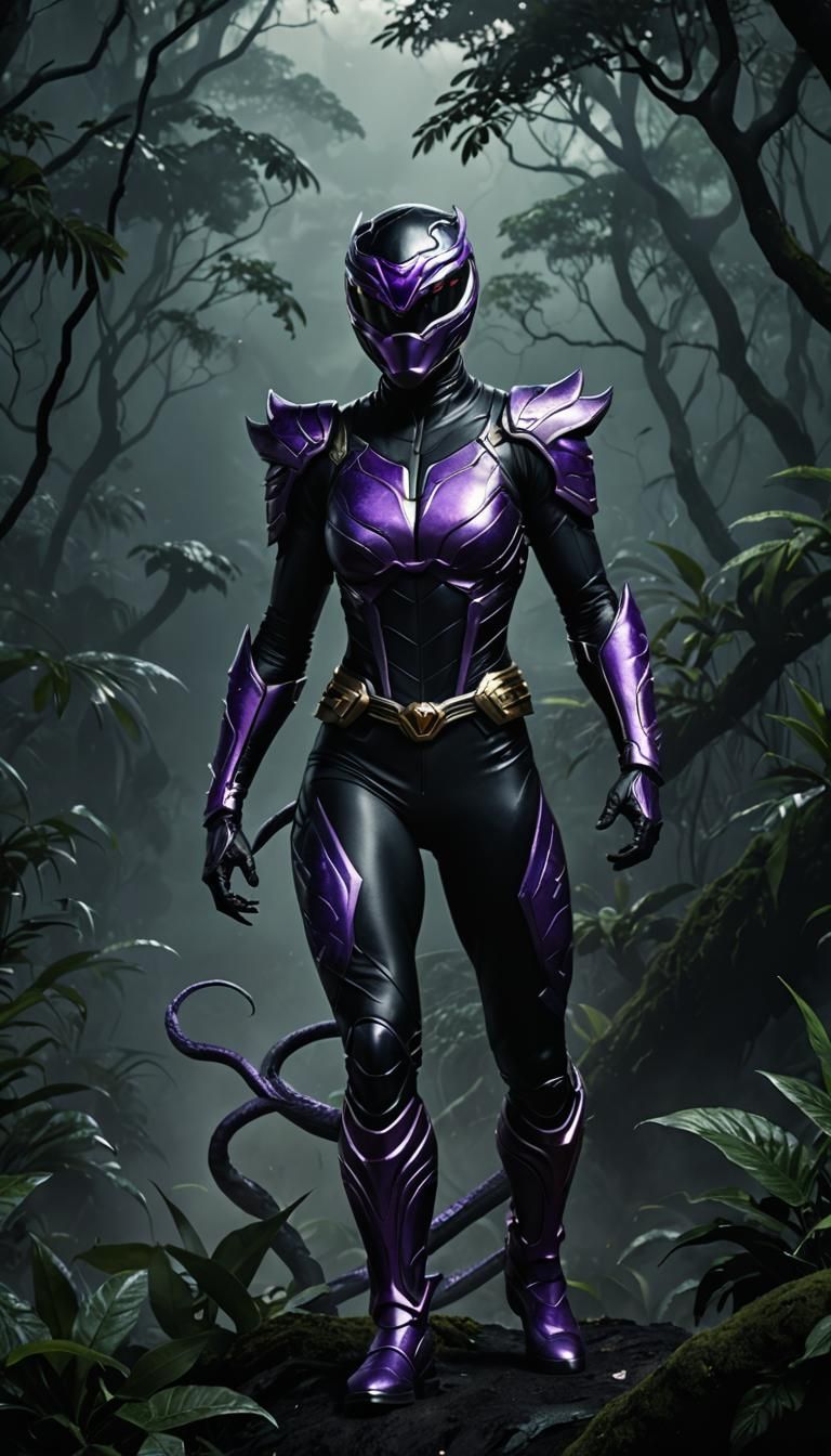 Photorealistic full body portrait of a female Seviper-Inspired Power Ranger, featuring a sleek metallic black and purpl...