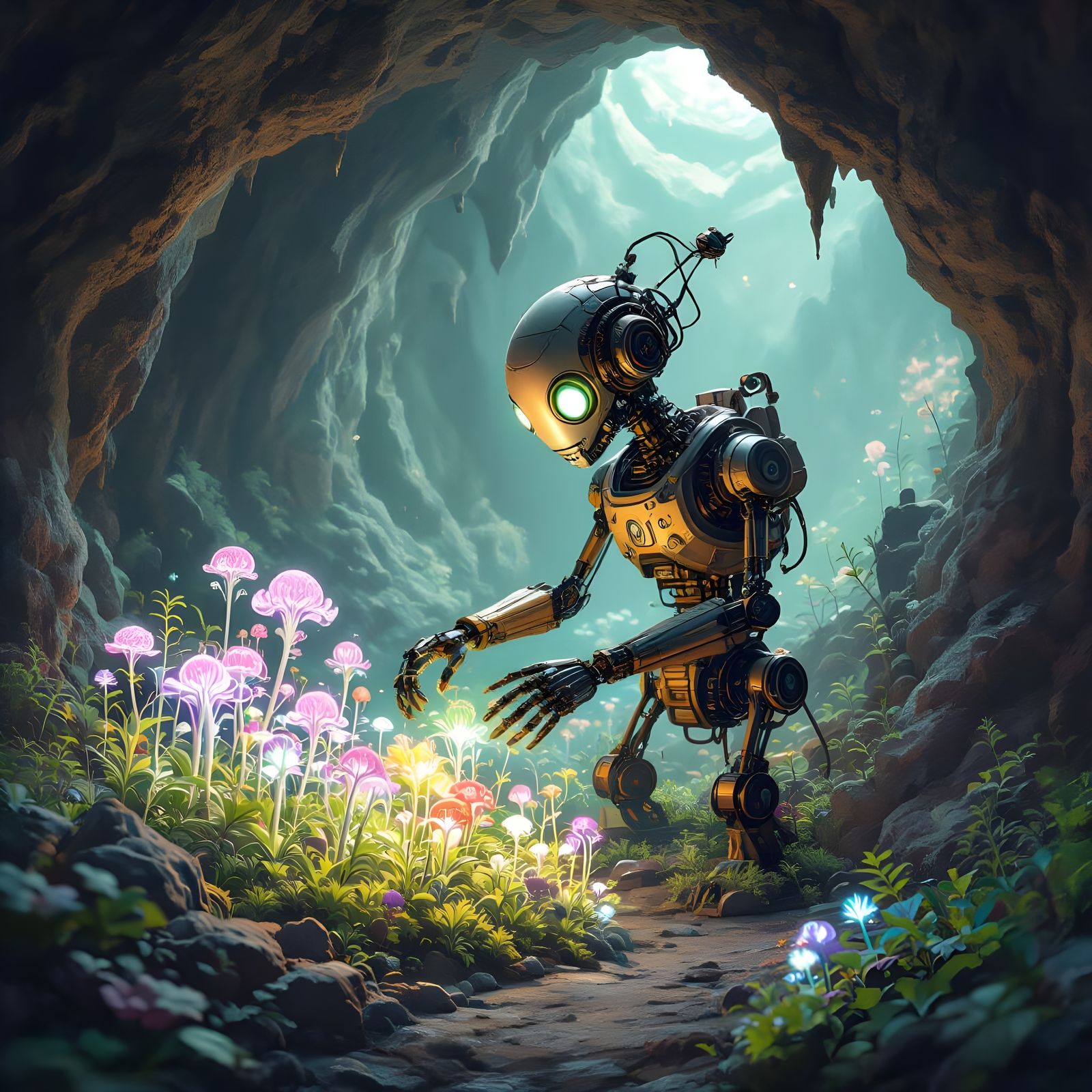Steampunk Automaton Tends Bioluminescent Garden in Cavern