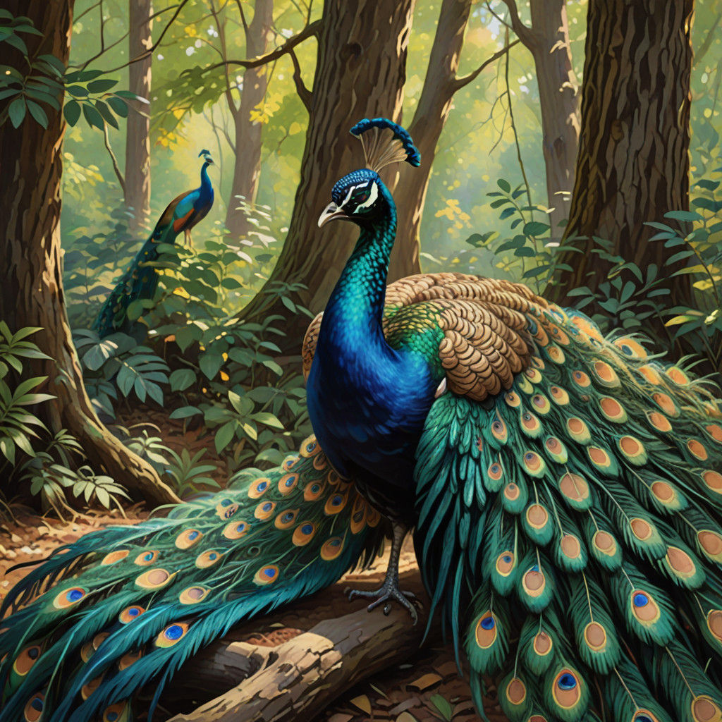 Lush Forest Landscape Painting of a Proud Peacock