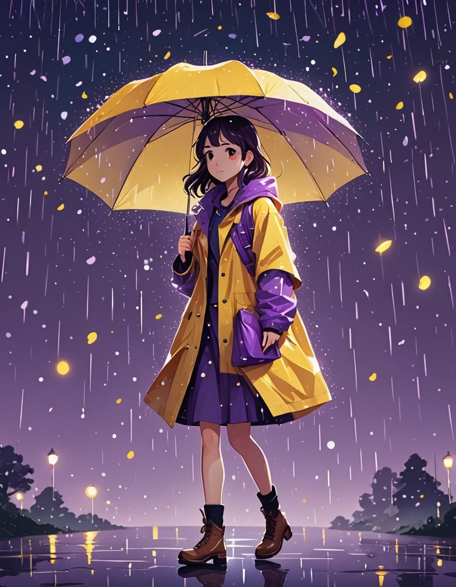 Anime Woman with Purple Umbrella in Rainy Night
