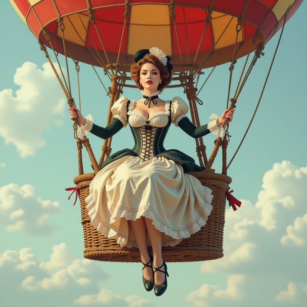 Victorian Woman Floats in Hot Air Balloon, Photorealistic St...