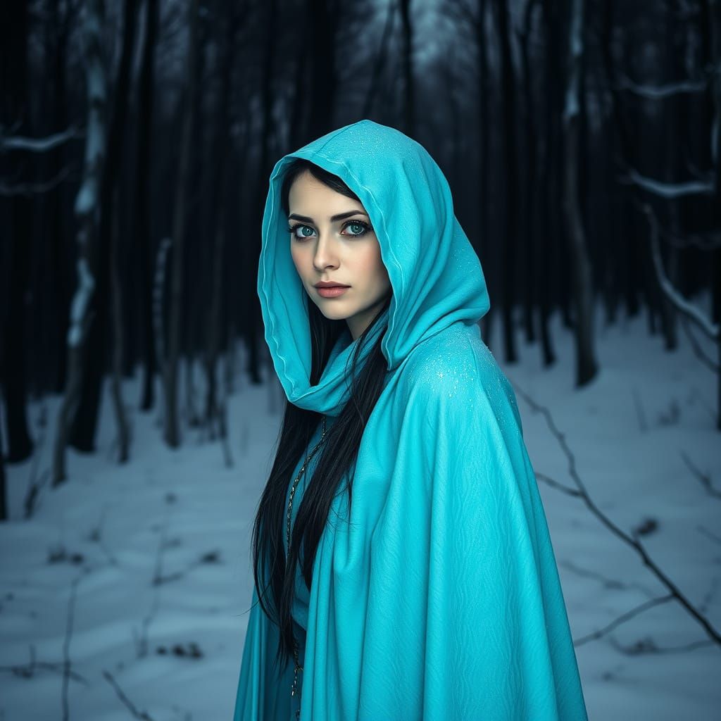 Pagan Woman in Winter Woods: Striking Art