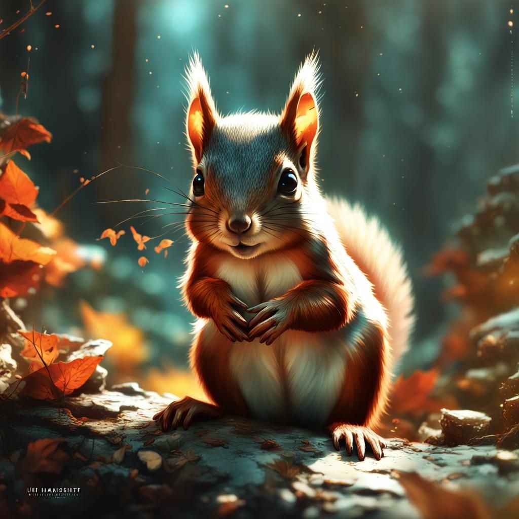 Opulent Baby Squirrel Friendship: Detailed Fantasy Art