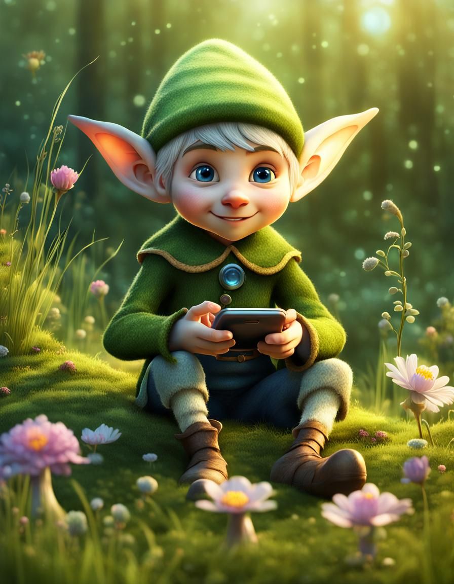 Elf Child with Magic Phone at Sunrise