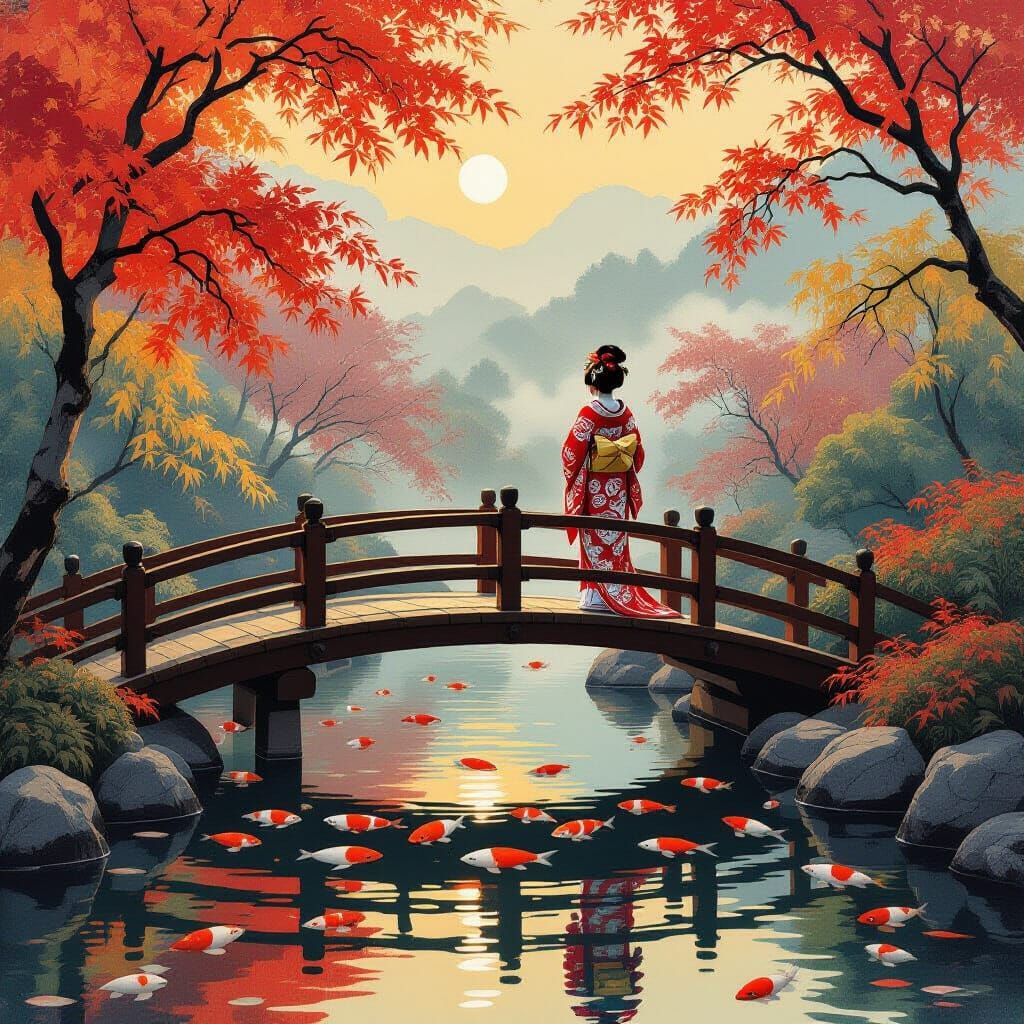 Geisha on Misty Bridge in Golden Hour Light