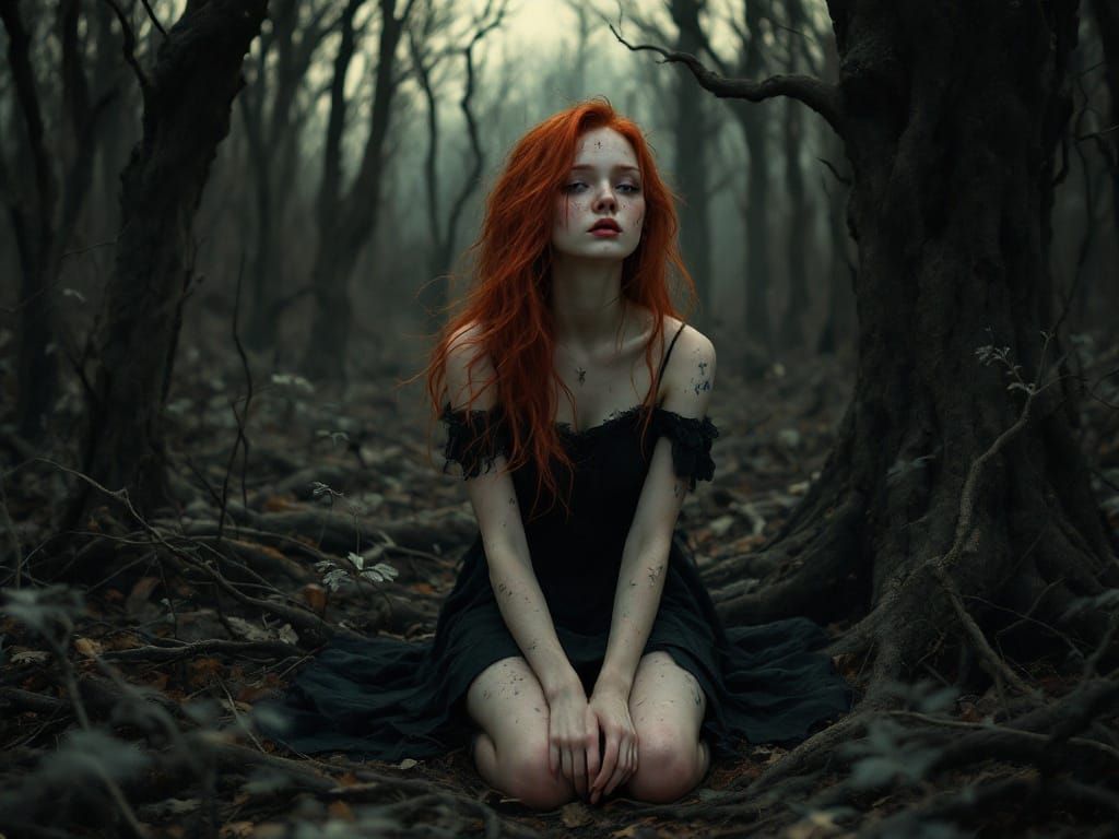 Eerie Redhead in Dead Woodland, Moody Art