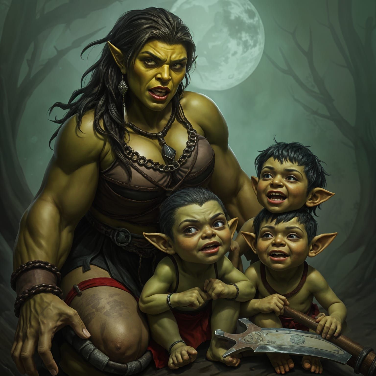 Motherly Orc Matriarch with Her Three Younglings
