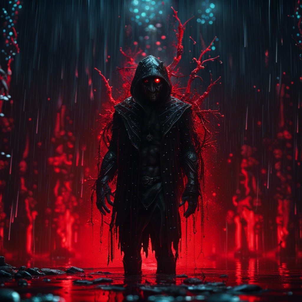 Eerie Dark Figure with Neon Eye in Bleeding Rain