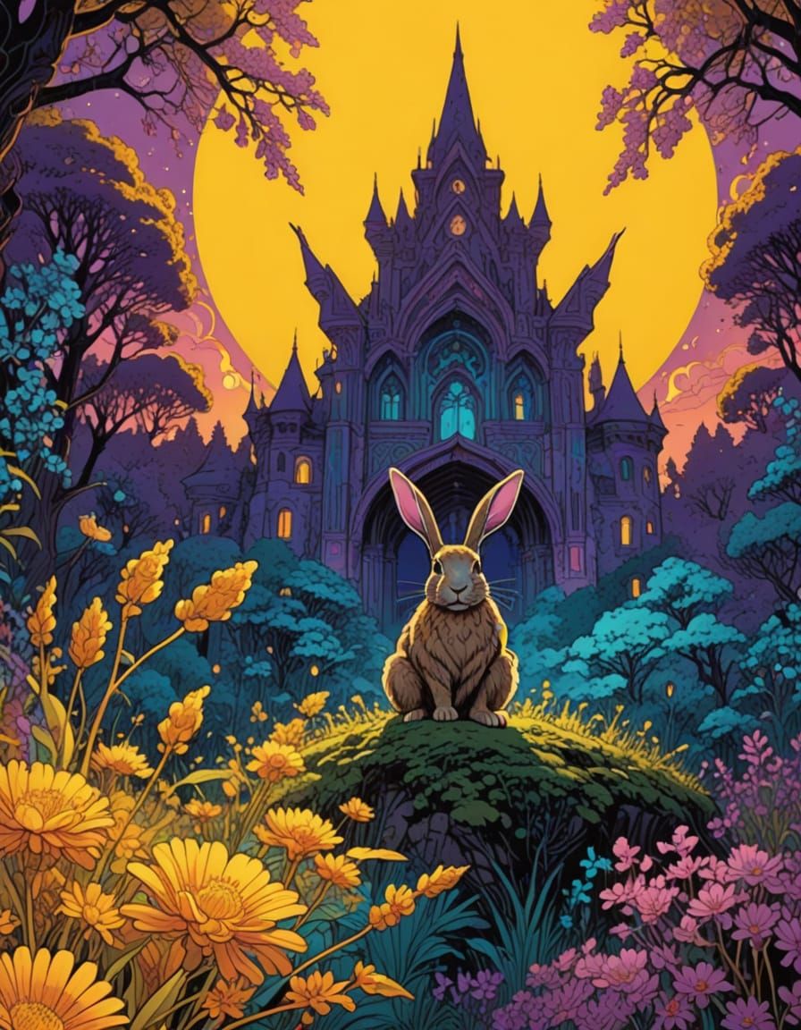 Vibrant Fantasy Rabbit in Whimsical Forest Landscape