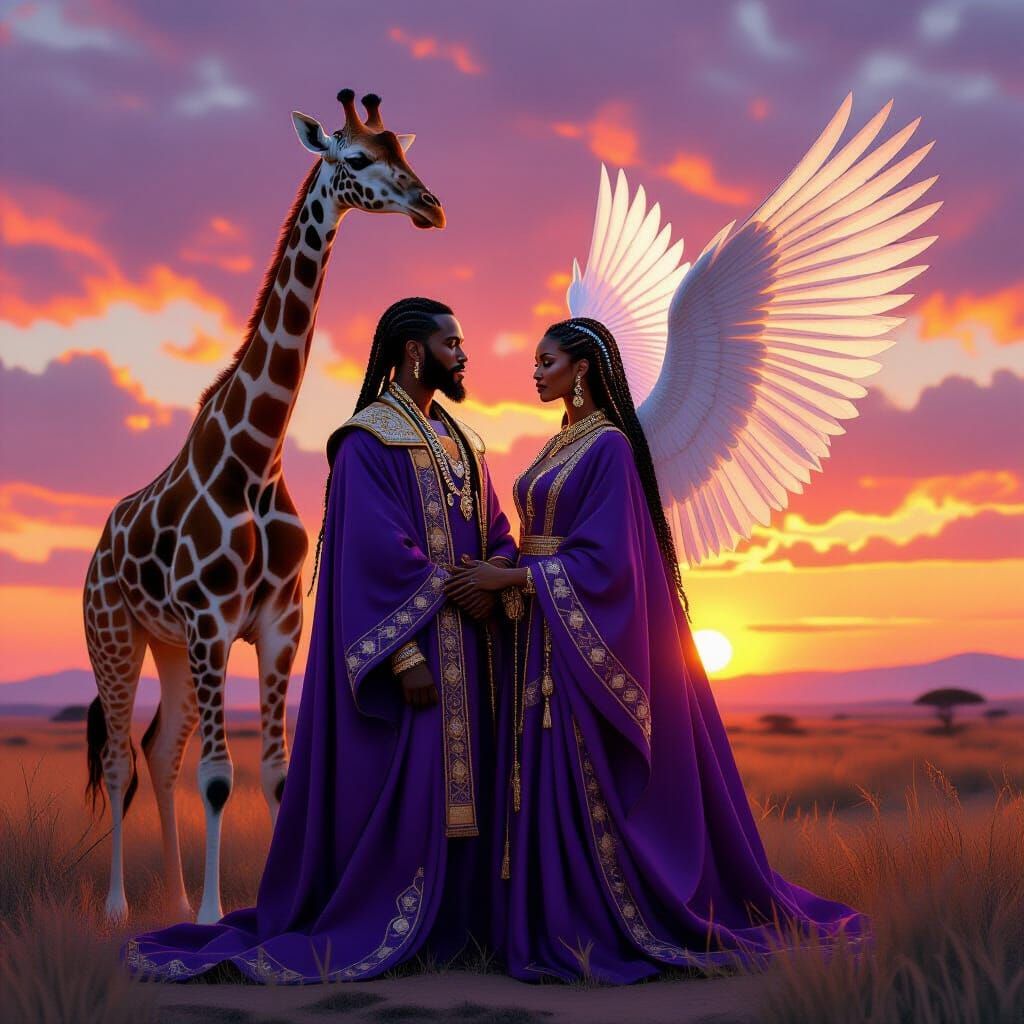 Regal Man With Wings and Giraffe at Sunset