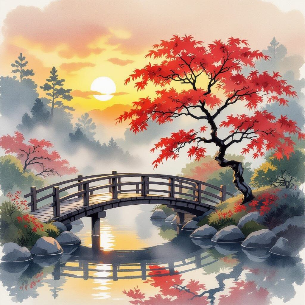 Sunset Over Serene Japanese Garden in Watercolor Style