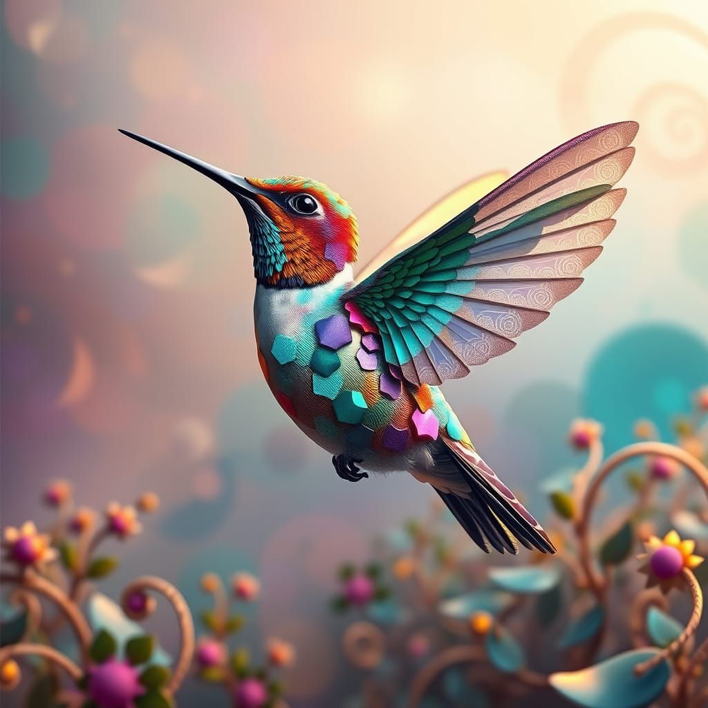 Iridescent Hummingbird in Whimsical, Geometric Paradise