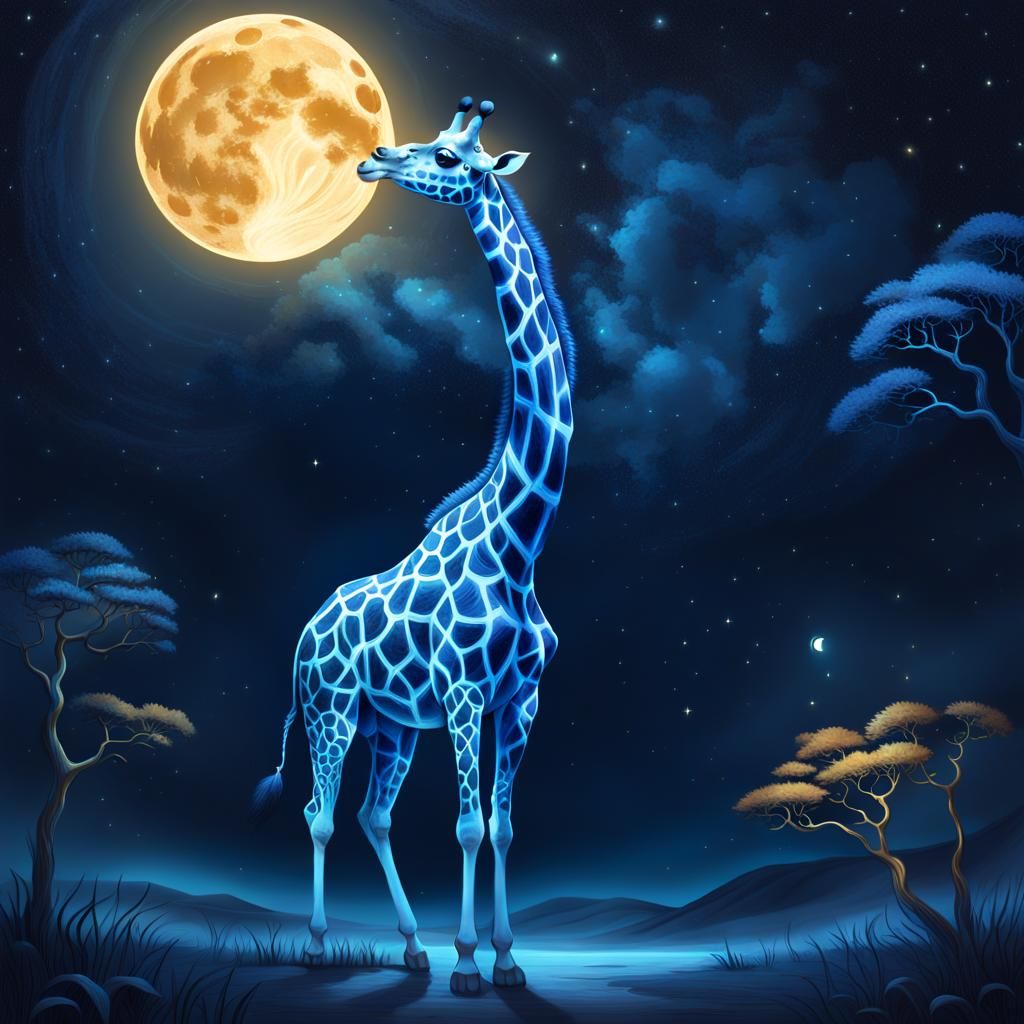 Surreal Blue Giraffe Reaches for Golden Moonlight