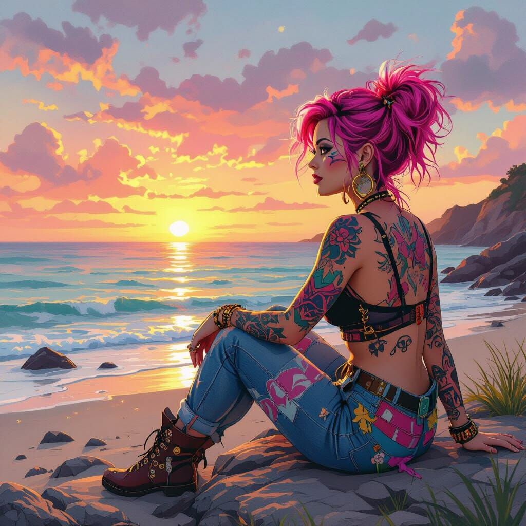 Sunset Beach: Tattooed Woman in Watercolor Style