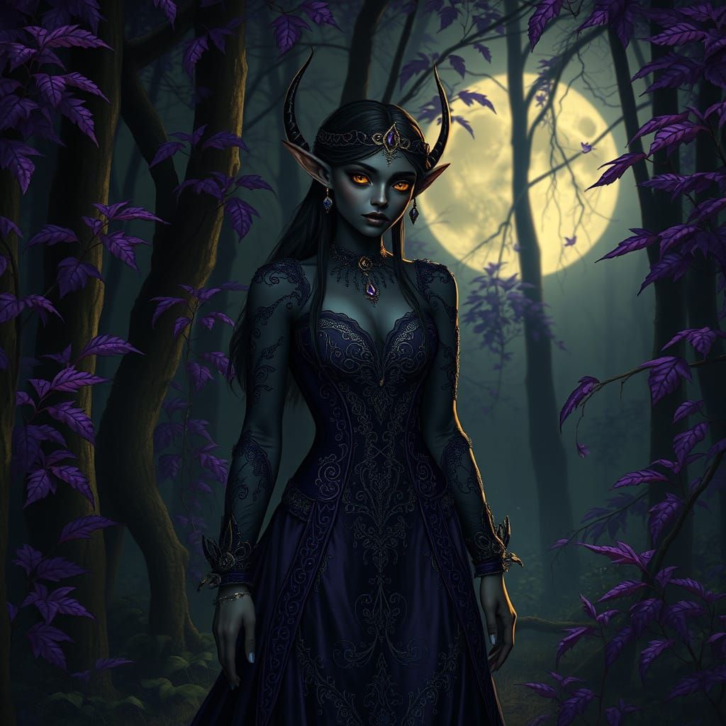 Ethereal Elf Maiden Strolls Under Moonlit Trees in Muted Ear...