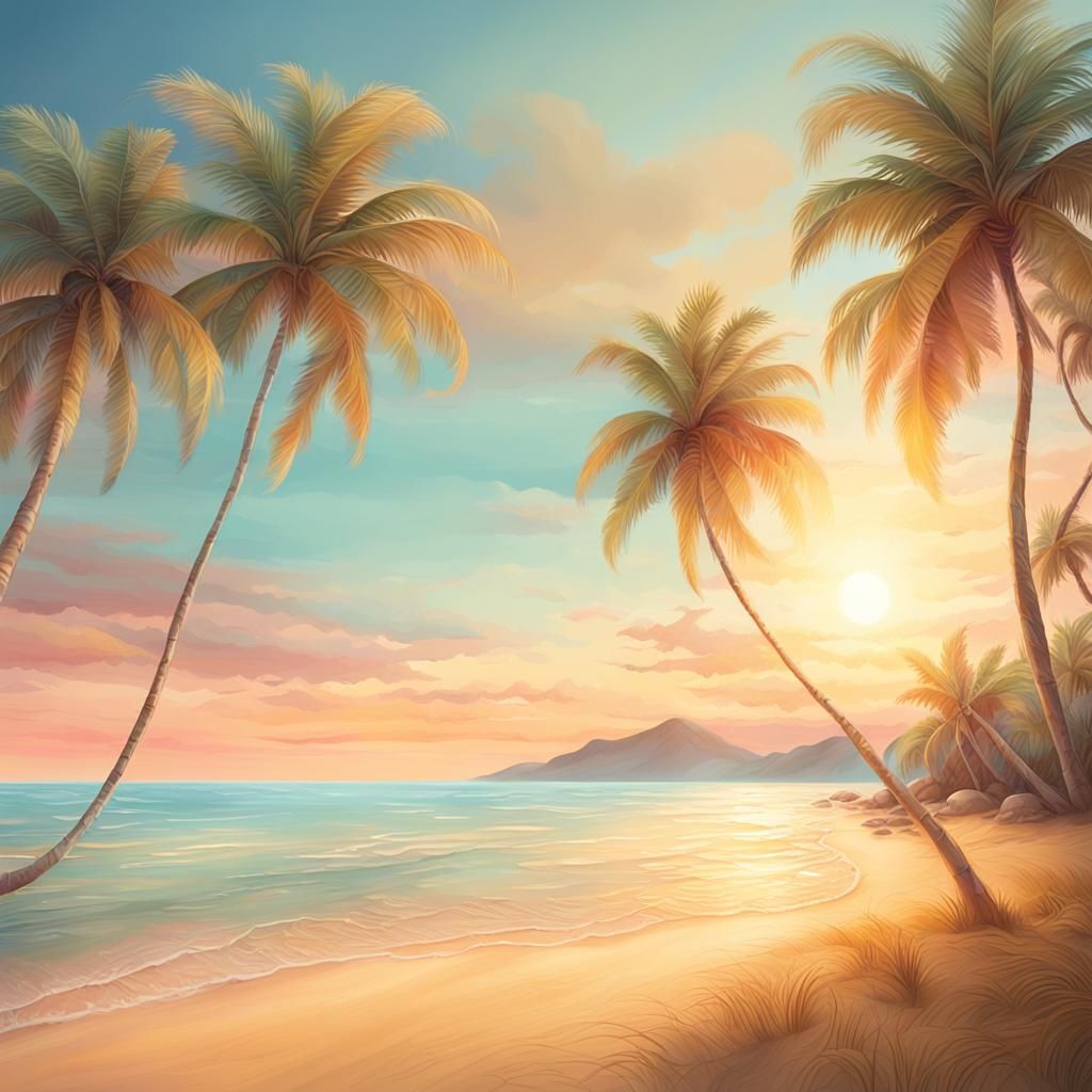 Tropical Beach Sunset in Impressionist Style