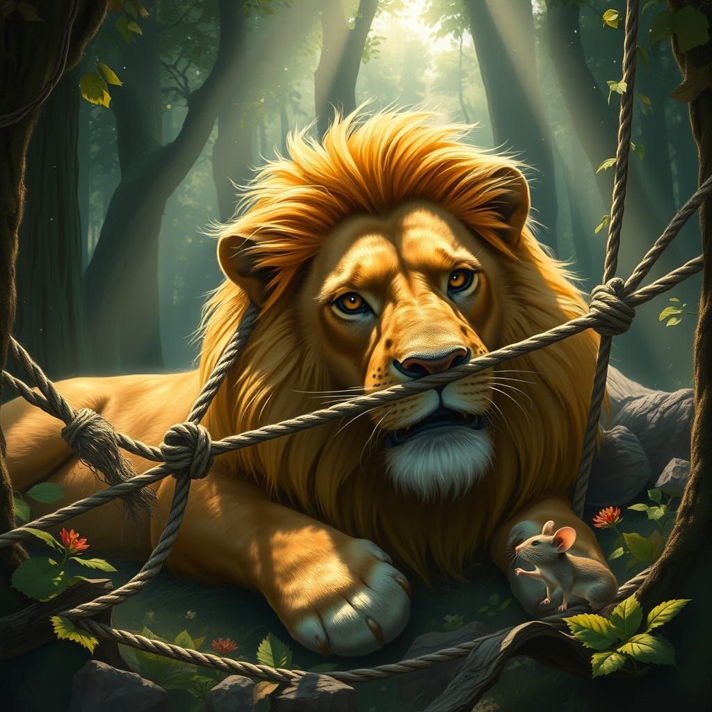 Fierce Lion Freed by Brave Mouse in Enchanted Woodland Scene