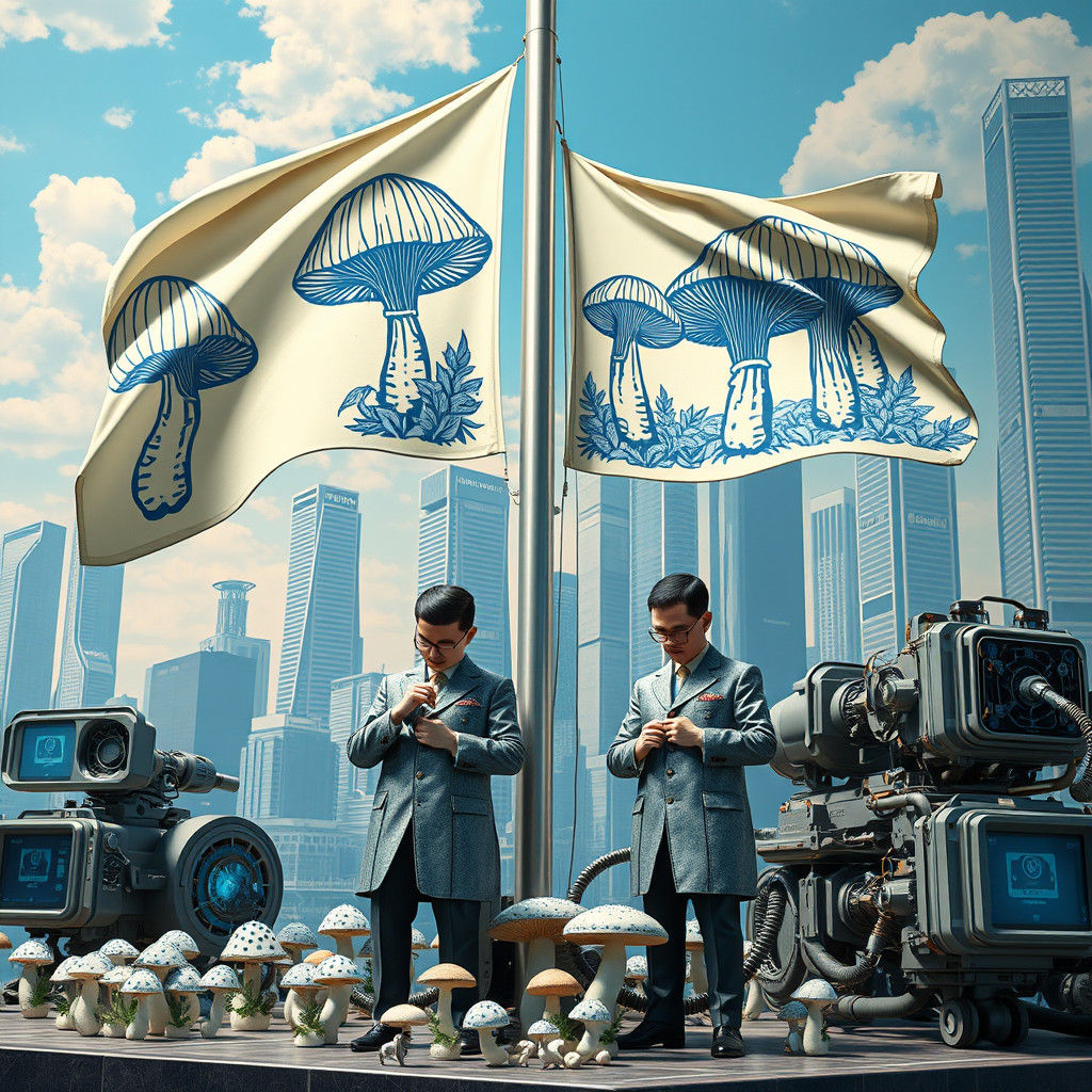 Mushroom Flags in Futuristic Cityscape, Linocut Style