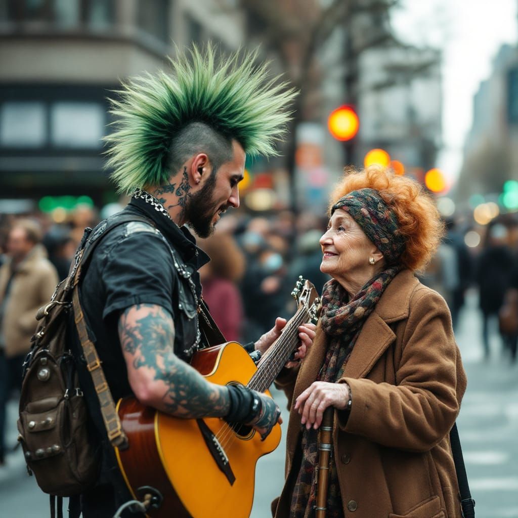 Punk Rocker Helps Grandma Cross Busy Street