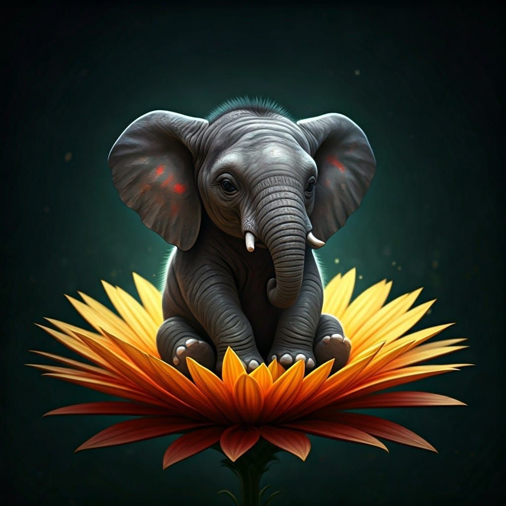 Miniature Elephant on Flower, Detailed Matte Painting