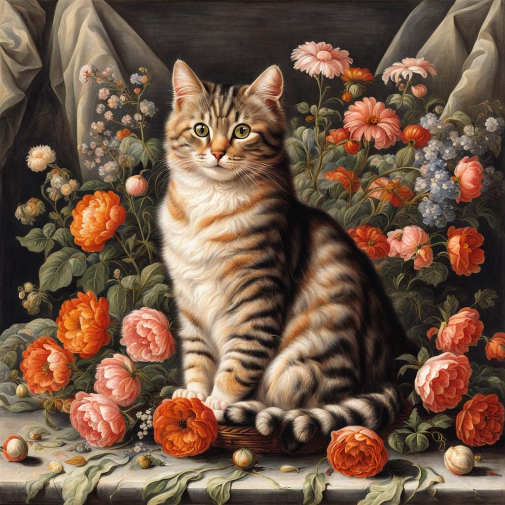 Cute Cat with Flowers in Renaissance Style