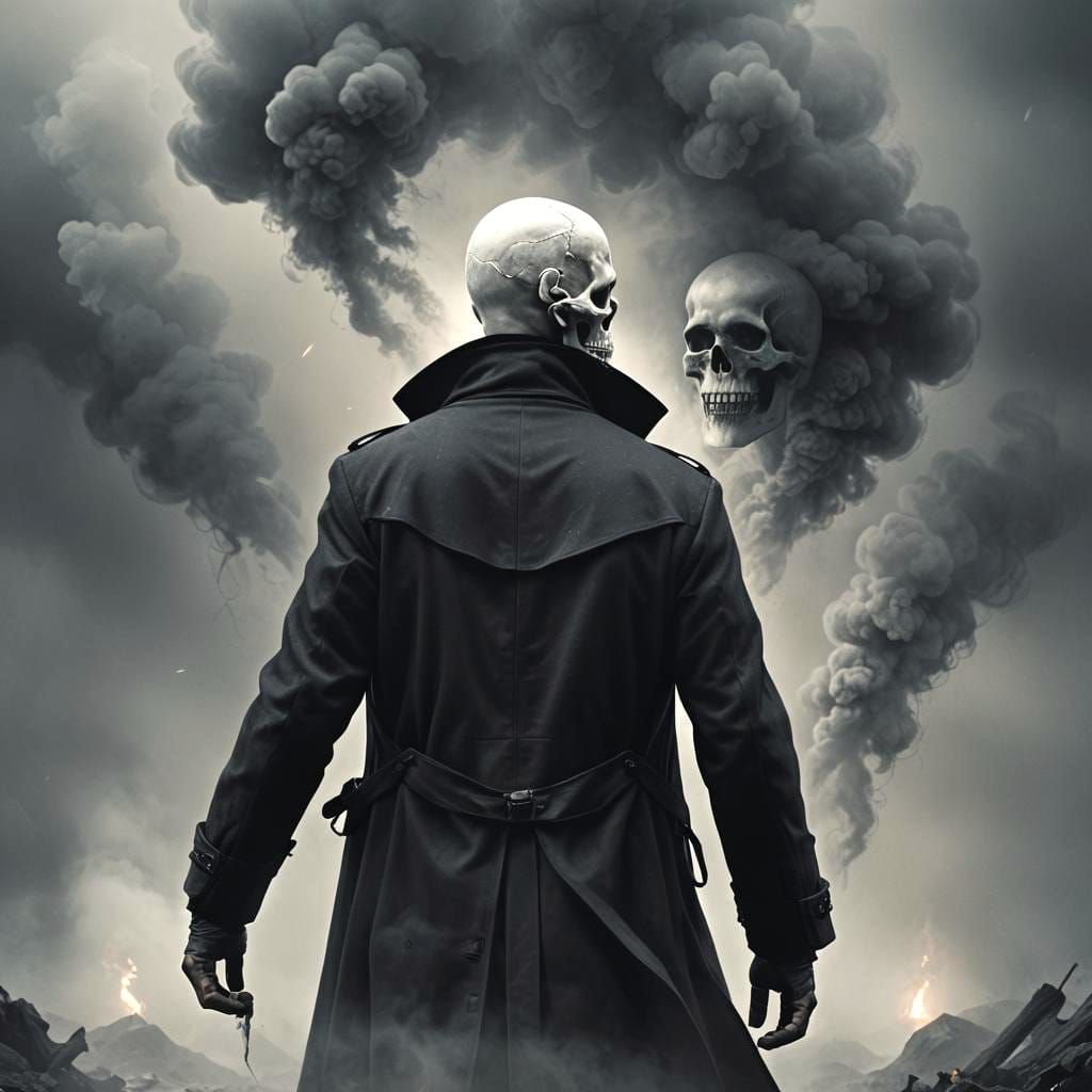Hyperrealistic Man in Overcoat with Skull Design